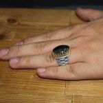 انگشتر حدید صینی نقره مردانه طرح دور طلایی هاتف + حکاکی - Image 4