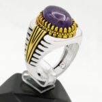 انگشتر آمیتیست نقره مردانه طرح دور طلایی آزرم - Image 4