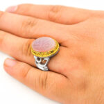 انگشتر عقیق کبود نقره مردانه طرح دور طلایی "الملک لله" - Image 5