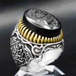 انگشتر عقیق مشکی نقره مردانه طرح دورطلایی "یا شافع" - Image 4