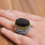 انگشتر عقیق مشکی نقره مردانه طرح دورطلایی "یا شافع" - Image 2