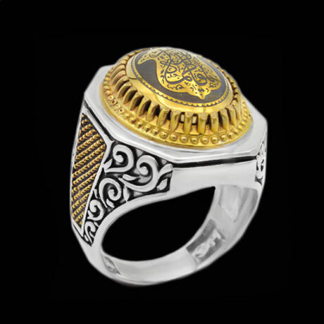 انگشتر حدید صینی نقره مردانه طرح دور طلایی یا فاطمه الزهرا (س)