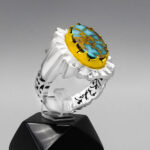 انگشتر فیروزه نیشابوری نقره دست ساز مردانه طرح دور طلایی عماد - Image 2