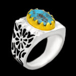 انگشتر فیروزه نیشابوری نقره دست ساز مردانه طرح فاخر دور طلایی حامد