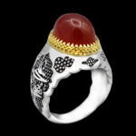 انگشتر عقیق سرخ نقره مردانه طرح دورطلایی فانتزی "یا مرتضی علی (ع)"