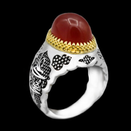 انگشتر عقیق سرخ نقره مردانه طرح دورطلایی فانتزی "یا مرتضی علی (ع)"