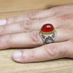 انگشتر عقیق سرخ نقره مردانه طرح دورطلایی فانتزی "یا مرتضی علی (ع)" - Image 2
