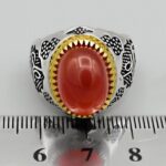 انگشتر عقیق سرخ نقره مردانه طرح دورطلایی فانتزی "یا مرتضی علی (ع)" - Image 3