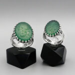 ست انگشتر عقیق سبز نقره مردانه و زنانه طرح روح الامین ۳ با حکاکی یا علی (ع) و یا زهرا (س) - Image 2