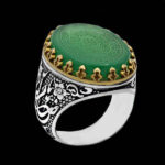 انگشتر عقیق سبز نقره مردانه طرح دورطلایی یا ضامن آهو + حکاکی اذکار مبارکه