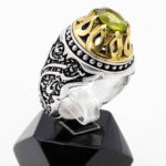 انگشتر زبرجد الماس تراش نقره مردانه طرح دورطلایی یا حسین ابن علی (ع) - Image 4