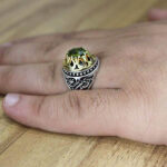 انگشتر زبرجد الماس تراش نقره مردانه طرح دورطلایی یا حسین ابن علی (ع) - Image 3