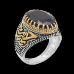انگشتر گارنت الماس تراش نقره مردانه طرح دورطلایی فانتزی یا حسین (ع) - Image 5