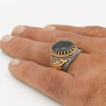 انگشتر گارنت الماس تراش نقره مردانه طرح دورطلایی فانتزی یا حسین (ع) - Image 3