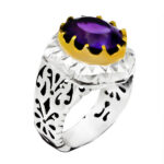 انگشتر آمیتیست الماس تراش نقره دست ساز مردانه طرح دور طلایی کیا