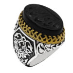 انگشتر عقیق مشکی نقره مردانه طرح دور طلایی "یا قاضی الحاجات"