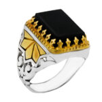 انگشتر عقیق مشکی نقره مردانه طرح دور طلایی مستطیلی گویا