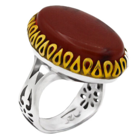 انگشتر عقیق سرخ نقره مردانه طرح دور طلایی "سبحانک انی کنت من الظالمین"