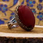 انگشتر عقیق سرخ نقره مردانه طرح دور طلایی "سبحانک انی کنت من الظالمین" - Image 3