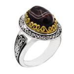 انگشتر عقیق سلیمانی نقره مردانه طرح دور طلایی مظفر