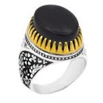 انگشتر عقیق مشکی نقره مردانه طرح دور طلایی مهرزاد