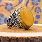 انگشتر شرف الشمس نقره مردانه طرح دور طلایی یا علی ابن موسی الرضا (ع) + حکاکی - Image 2