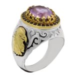 انگشتر آمیتیست نقره مردانه دور طلایی طرح زانیار