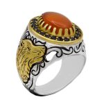 انگشتر عقیق سرخ نقره مردانه طرح گرگینه طلایی