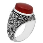 انگشتر عقیق سرخ نقره مردانه طرح گل شاه