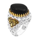 انگشتر عقیق مشکی نقره مردانه طرح دور طلایی ارشک