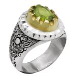 انگشتر زبرجد الماس تراش نقره مردانه دست ساز طرح دور طلایی توماج