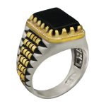 انگشتر عقیق مشکی نقره مردانه طرح دور طلایی مستطیلی حجت