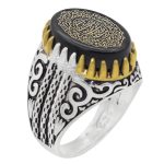 انگشتر عقیق مشکی نقره مردانه طرح کسری + حرز امام جواد (ع) + آیت الکرسی