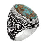 انگشتر فیروزه نیشابوری دست ساز نقره مردانه طرح قلم زنی فاخر ثامن