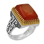 انگشتر عقیق سرخ نقره مردانه طرح ثاقب + حرز امام جواد (ع) + آیت الکرسی