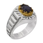 انگشتر یاقوت کبود الماس تراش نقره مردانه دست ساز طرح پرویز + 6 قطعه برلیان