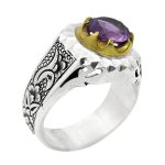 انگشتر آمیتیست نقره مردانه دست ساز طرح قلم زنی و آیینه کاری هیرو