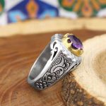 انگشتر آمیتیست نقره مردانه دست ساز طرح قلم زنی و آیینه کاری هیرو - Image 4