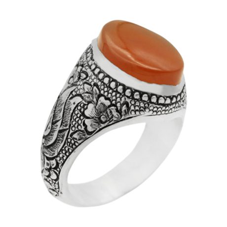 انگشتر عقیق سرخ یمنی نقره مردانه دست ساز طرح قلم زنی مینیاتوری غالب