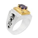 انگشتر یاقوت کبود الماس تراش نقره مردانه دست ساز طرح قلم زنی افراسیاب