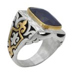 انگشتر یاقوت کبود الماس تراش نقره مردانه دست ساز طرح اردیبهشت