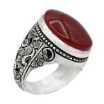 انگشتر عقیق سرخ یمنی نقره مردانه دست ساز طرح قلم زنی مینیاتوری طهماسب