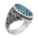 انگشتر فیروزه نیشابوری دست ساز نقره مردانه طرح قلم زنی فاخر شهاب