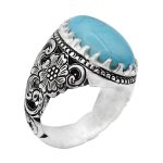 انگشتر فیروزه نیشابوری دست ساز نقره مردانه طرح قلم زنی فاخر هادی