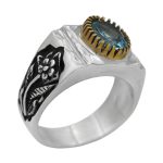 انگشتر توپاز الماس تراش نقره مردانه دست ساز طرح قلم زنی پارسا