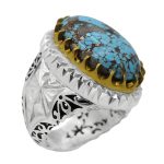 انگشتر فیروزه نیشابوری دست ساز نقره مردانه طرح آیینه کاری فاخر نادر