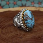 انگشتر فیروزه نیشابوری دست ساز نقره مردانه طرح آیینه کاری فاخر نادر - Image 3