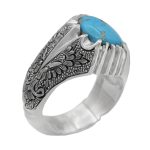 انگشتر فیروزه نیشابوری دست ساز نقره مردانه طرح قلم زنی مینیاتوری امیر