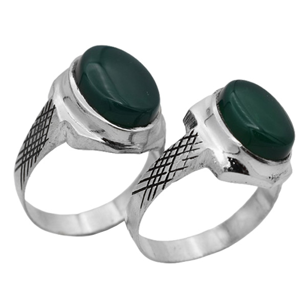 4-1-1805 set-rastegar-green-agate-ring(1) انگشتر حرز امام جواد (ع) عقیق سبز ست زنانه مردانه نقره دست ساز