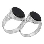 انگشتر ست زنانه و مردانه عقیق مشکی نقره دست ساز طرح آیینه کاری محتشم + حرز امام جواد (ع)